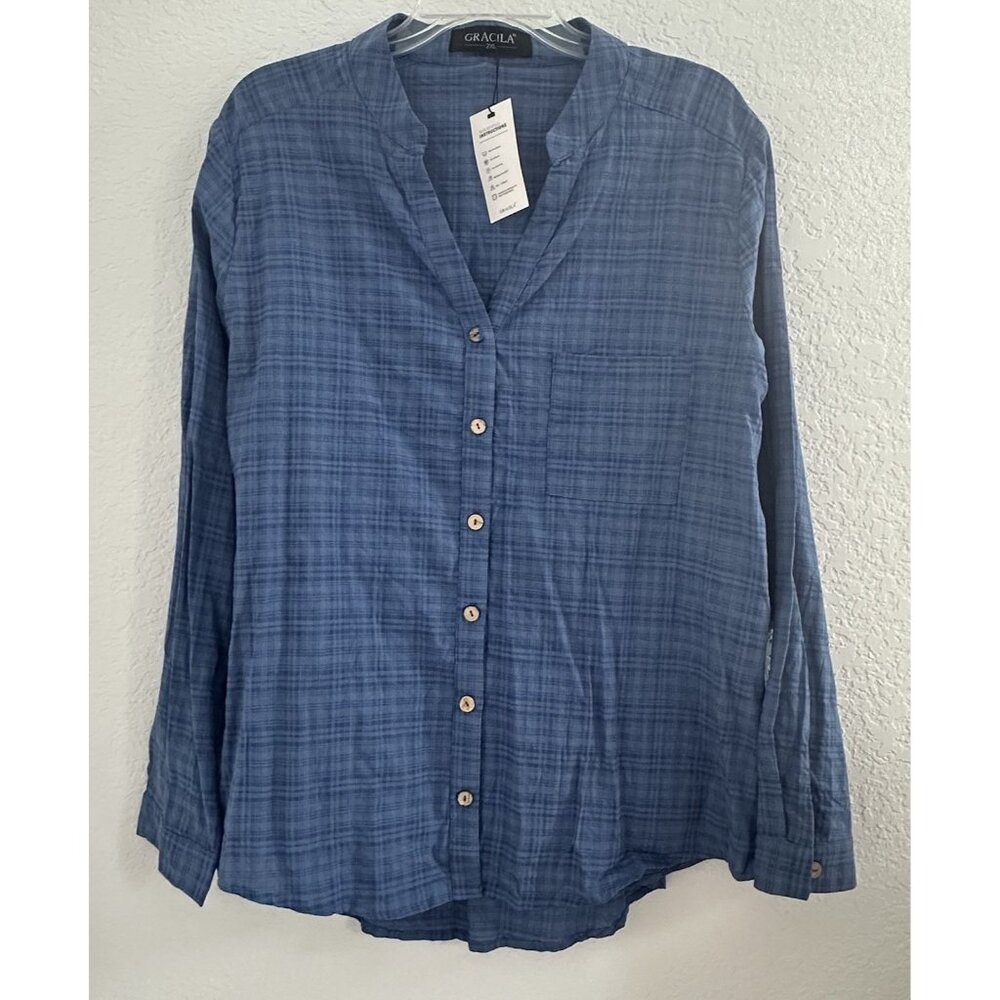 Gracila Button Up Shirt Womens 2XL Blue Plaid Cotton L/S Split Neck Cottage NWT